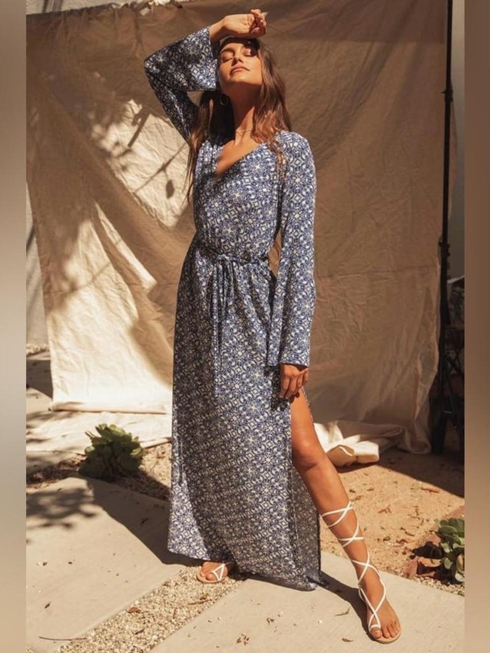 Lulu's Blue Floral Tie-Waist Maxi Dress with Side Slit